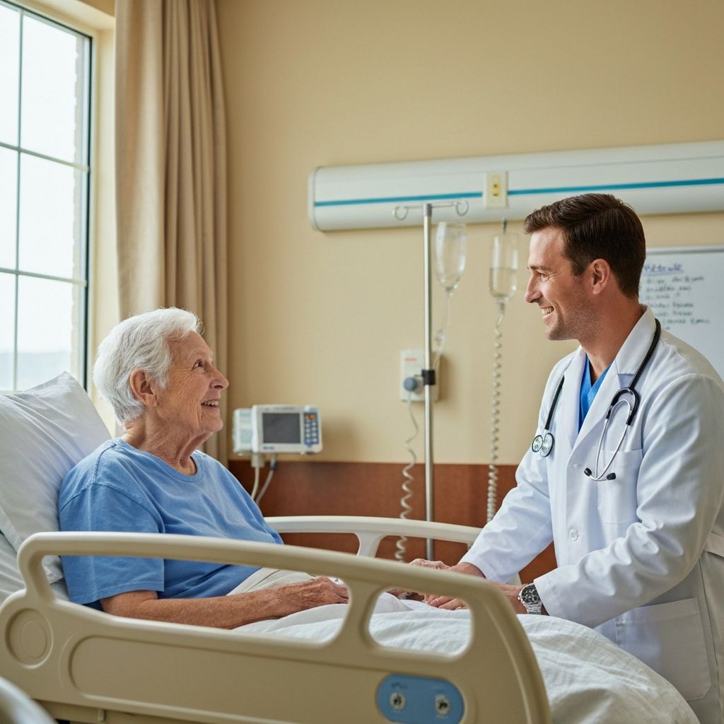 Physician and skilled nursing facility resident sharing a warm moment of eye contact and rapport during a bedside visit