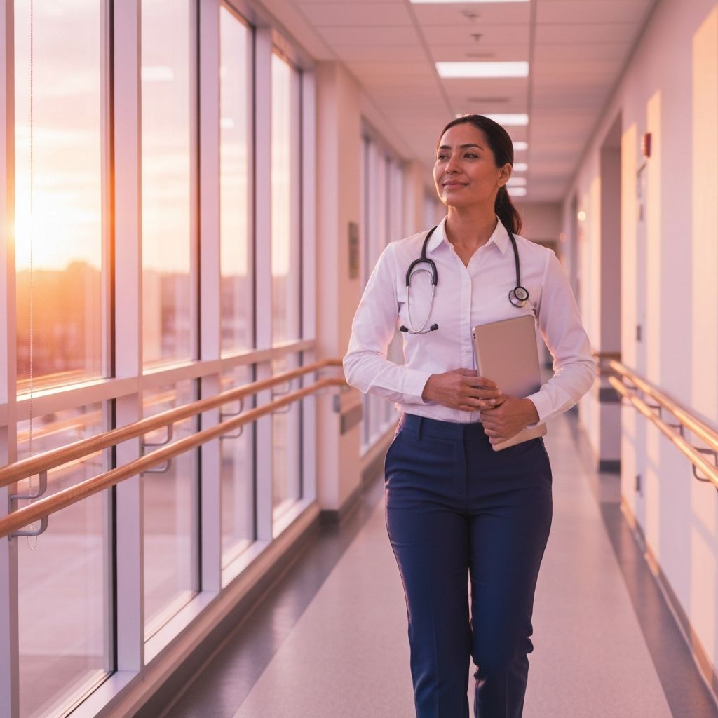 Provider walking out of a skilled nursing facility at golden hour, work complete for the day