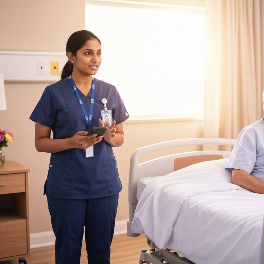 Nurse practitioner conducting a patient visit in a skilled nursing facility while Carebrain documents the encounter