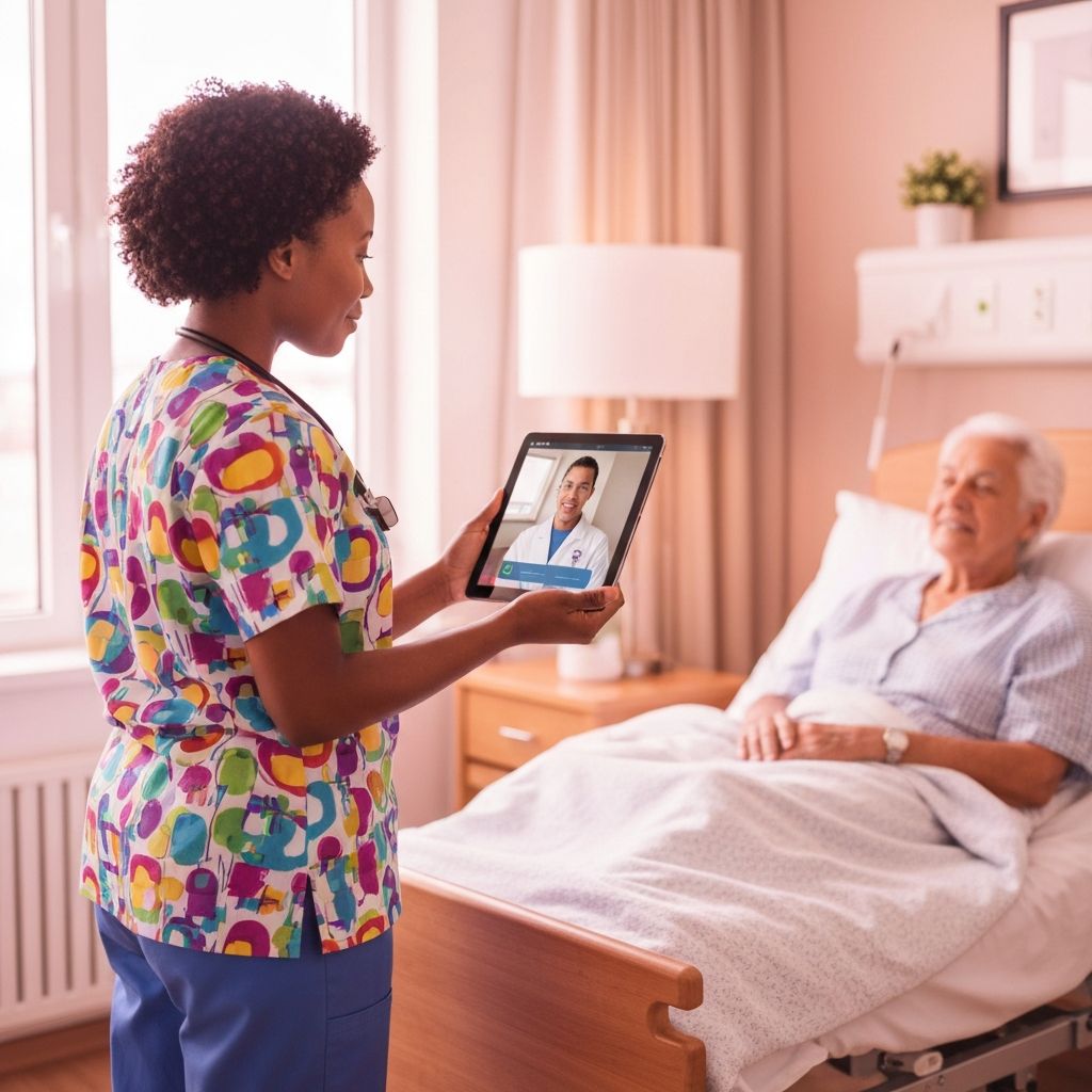 Nurse initiating an instant video visit with a provider via tablet in a skilled nursing facility